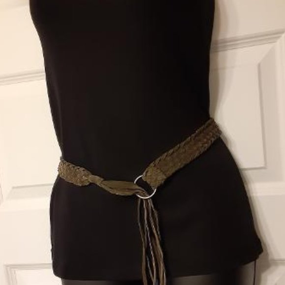 Brown Braided Woven Suede Leather Fringe Tie Belt - Picture 3 of 8